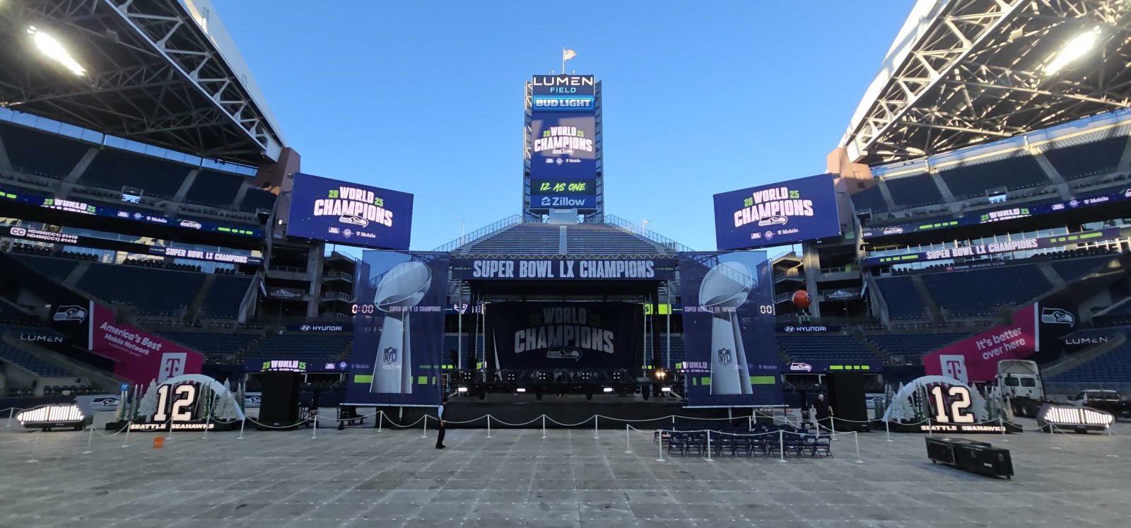Put A Stage On It stage set for the Super Bowl LX Champions celebration at Lumen Field